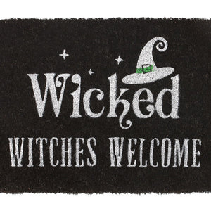 Black doormat with 'Wicked Witches Welcome' text and a witch's hat design.