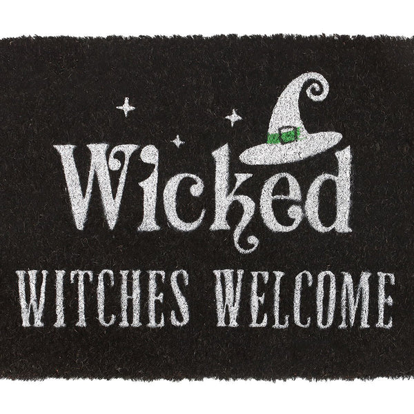 Black doormat with 'Wicked Witches Welcome' text and a witch's hat design.