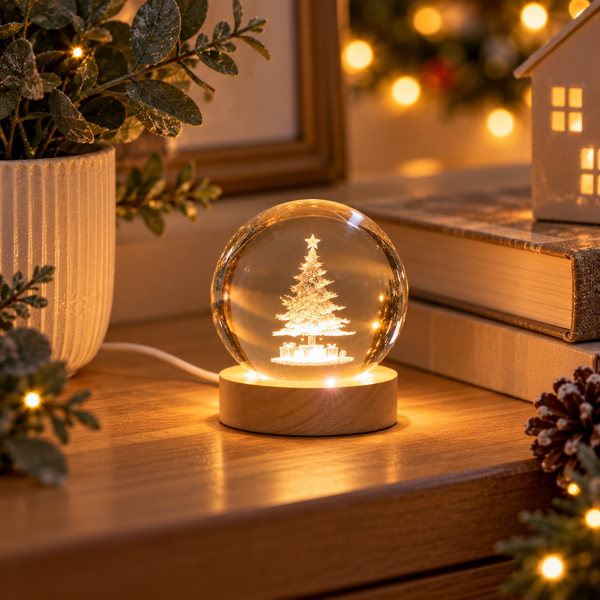 A glowing Christmas tree snow globe lamp with a light wood base sits on a wooden table in a cozy, decorated room setting with warm holiday lights and festive greenery.