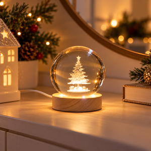A glowing Christmas snow globe lamp with a miniature lit tree and presents inside a clear sphere on a wooden base, placed on a tabletop in a warm holiday setting with a mirror, evergreen branches, and a small house decor piece in the background.