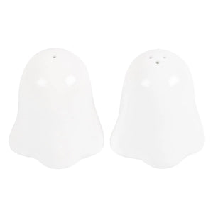 A pair of white ghost-shaped salt and pepper shakers on a solid white background.
