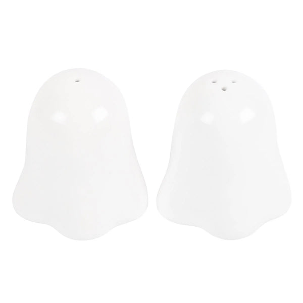 A pair of white ghost-shaped salt and pepper shakers on a solid white background.
