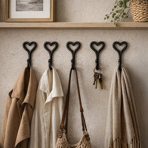 5 Heart Shaped Wrought Iron Coat Hooks – Rustic Wall Mounted Hooks