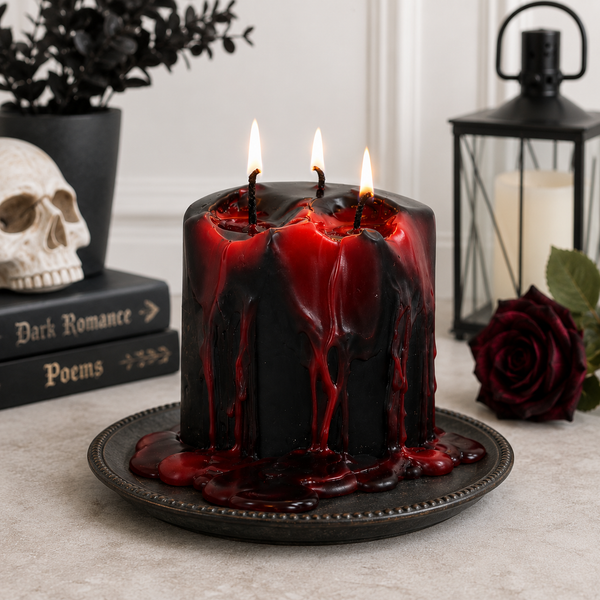 A black pillar candle with dramatic red wax drips and three lit wicks, displayed on a dark plate with gothic-themed props including a skull, books, a lantern, and a rose.