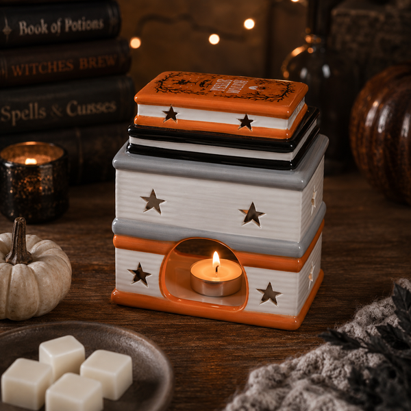 A Halloween-themed ceramic wax warmer shaped like a stack of tombstones, lit with a tea light candle inside. The tombstone design features orange, black, and white colors with star-shaped cutouts.