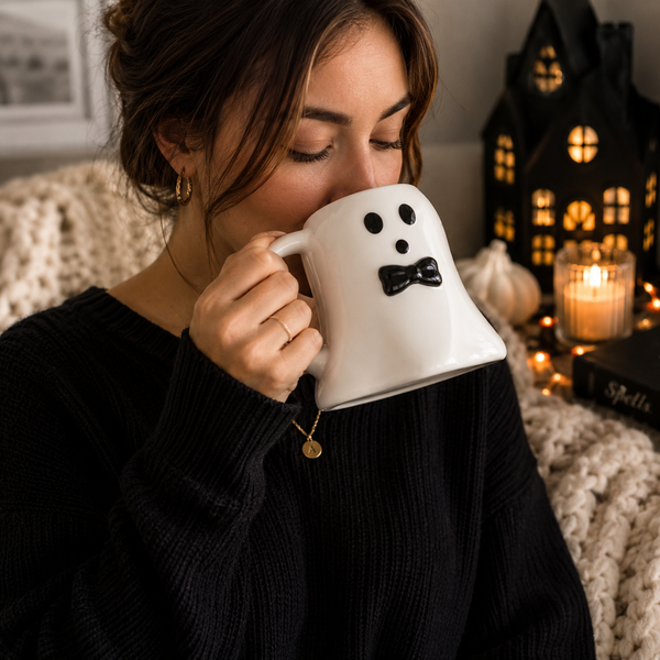 A woman in a black ribbed sweater holds a white ceramic mug shaped like a ghost with a black face and bow tie, set in a cozy, warmly lit room with a lit candle and a black haunted house decoration in the background.