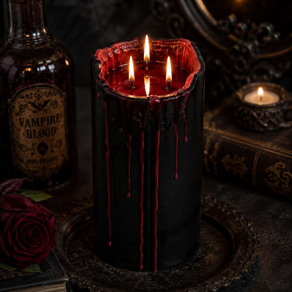 Blood drip candle arranged with seasonal Halloween decorations