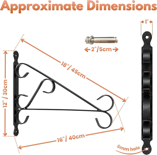 Black metal wall bracket with dimensions and hardware details on a white background