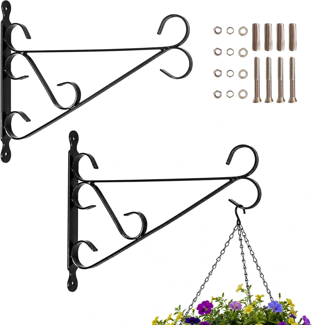 Two black metal wall brackets with hanging plant and hardware components on a white background