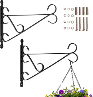 Two black metal wall brackets with hanging plant and hardware components on a white background
