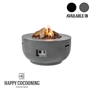Gray fire pit table with flames and 'Happy Cocooning' branding on a white background