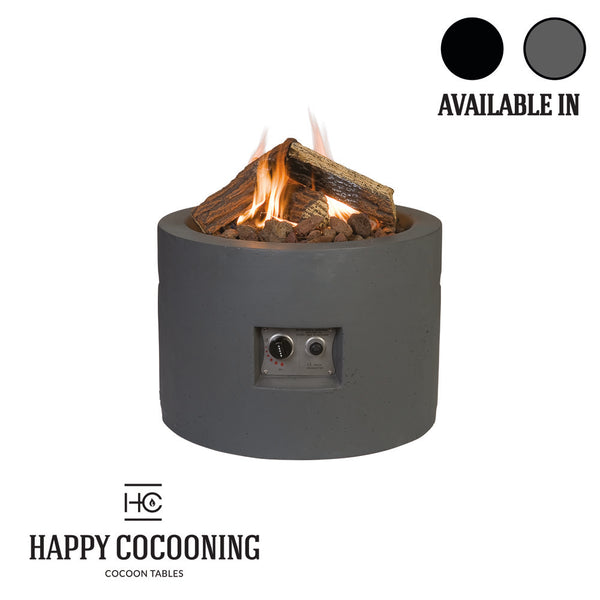 Cylindrical fire pit with burning wood, Happy Cocooning branding, and color options on a white background.