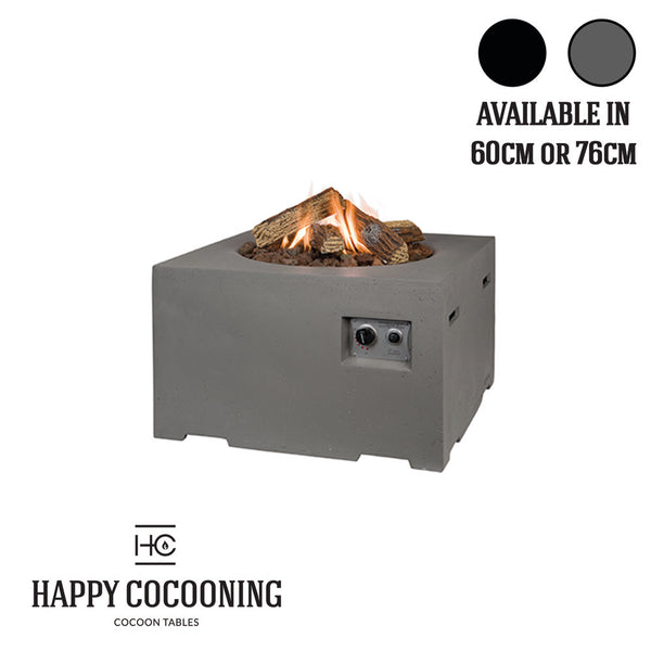 Outdoor fire pit with flames on a white background, featuring 'Happy Cocooning' brand.