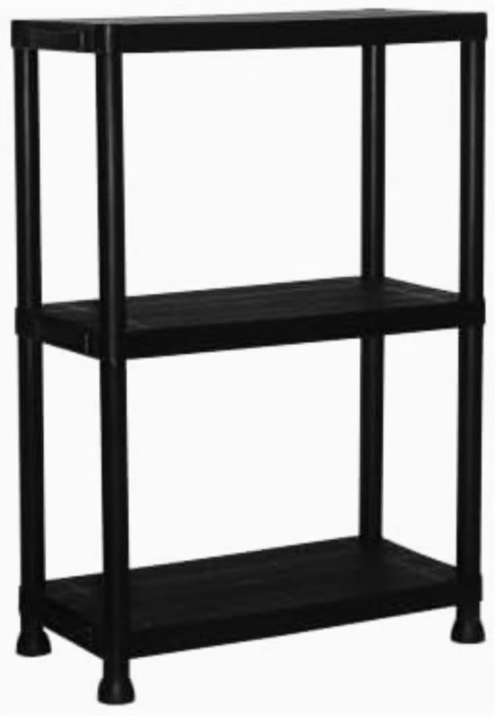 Three tier plastic shelving unit for garage storage