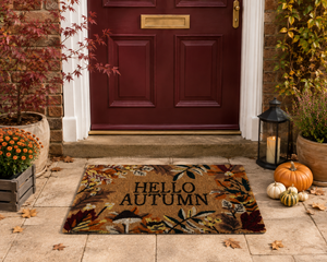 A rectangular coir doormat with a 'HELLO AUTUMN' text design featuring autumn leaves and mushrooms, placed on a stone doorstep in front of a red front door with fall decorations.