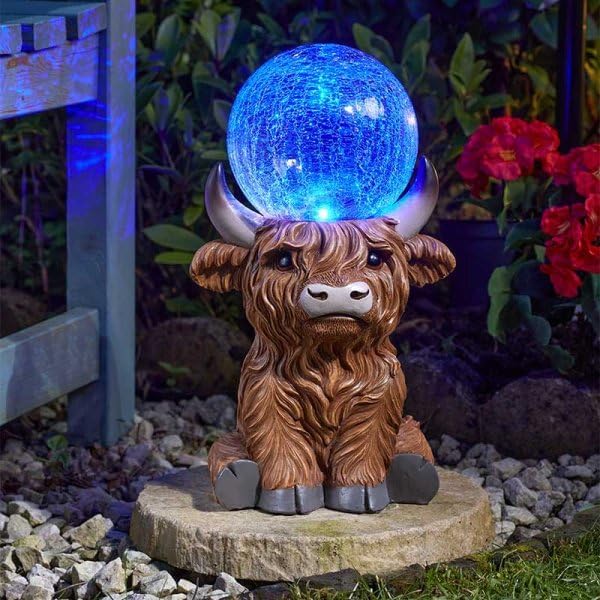Highland cow solar LED garden ornament with glass ball
