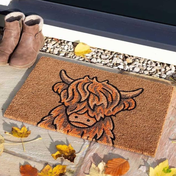 Rustic Highland cow welcome doormat