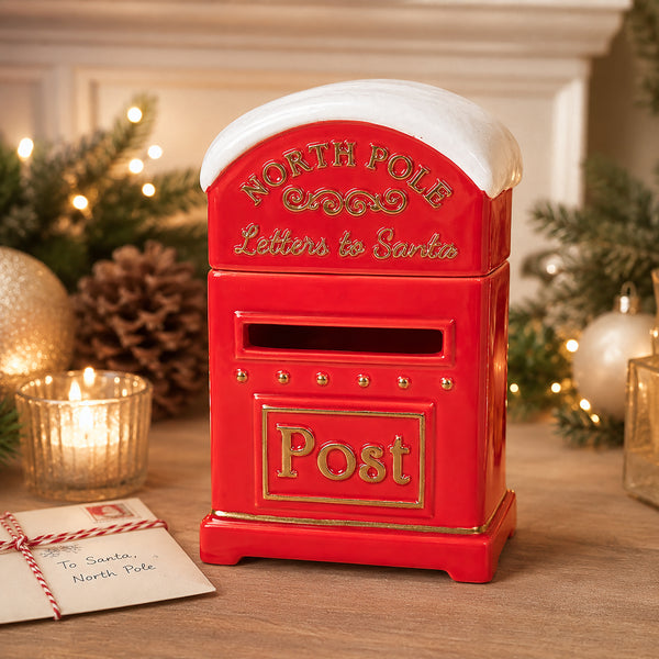A red North Pole-themed ceramic mailbox with gold lettering and a white faux-snow top, styled on a wooden table with holiday lights, pinecones, and a letter in the background.