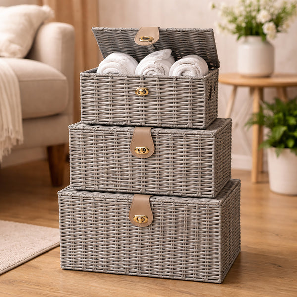 3 Grey Wicker Storage Baskets – Resin Woven Hamper Storage Boxes