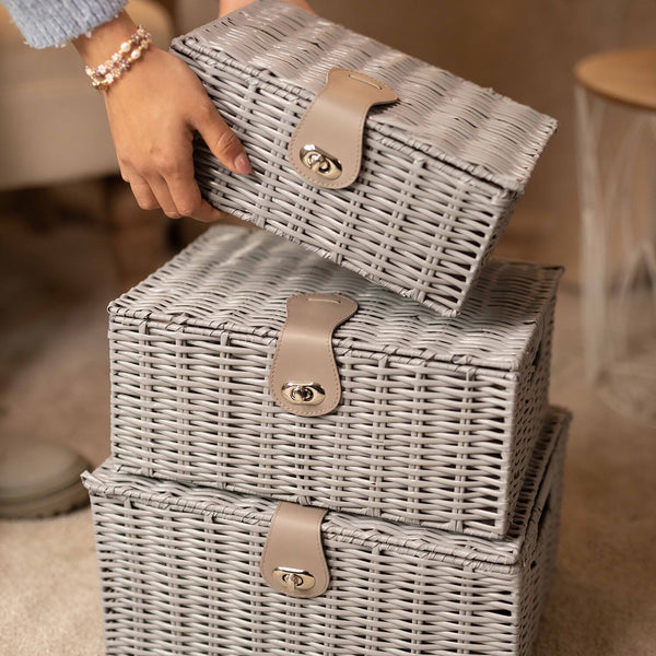3 Grey Wicker Storage Baskets – Resin Woven Hamper Storage Boxes
