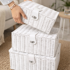 3 White Wicker Storage Baskets Woven Hamper Storage Boxes