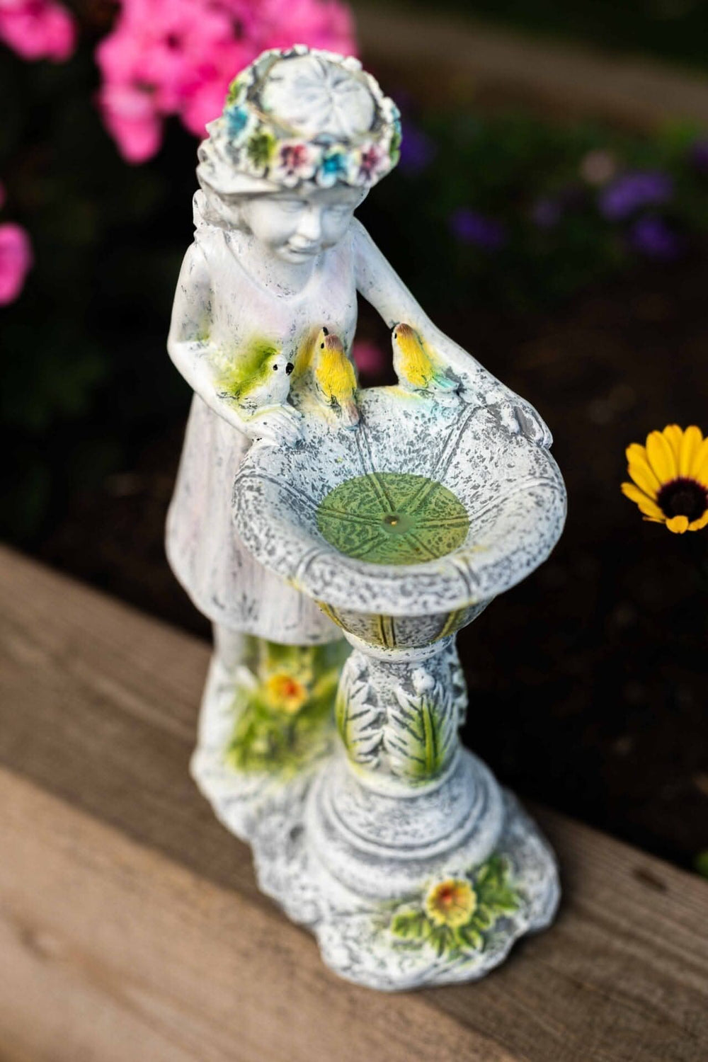 Solar fairy garden statue with LED bird bath
