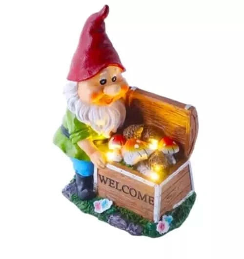 Solar gnome garden ornament with LED welcome chest