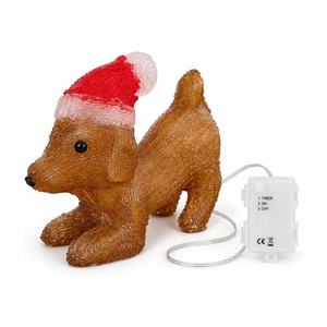A brown dog-shaped Christmas ornament wearing a red and white Santa hat, shown on a white background with a small white timer control connected by a clear cord.