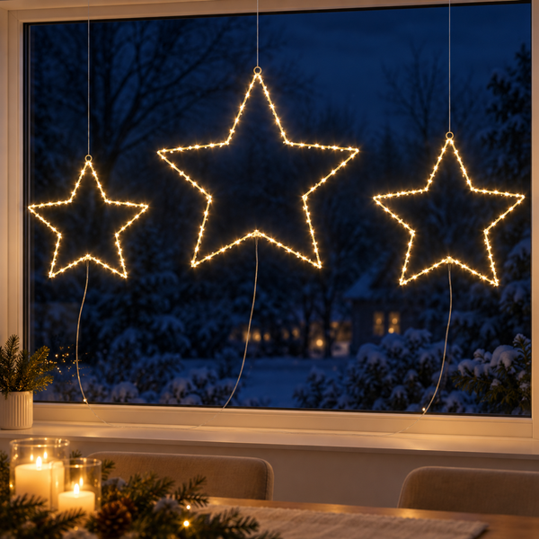 Set of three warm white LED Christmas stars hanging in a window overlooking a snowy garden.