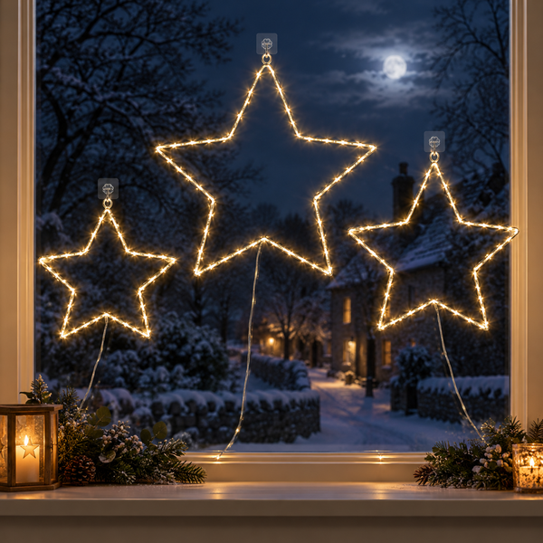 Set of three warm white LED Christmas stars hanging in a window overlooking a snowy village at night.