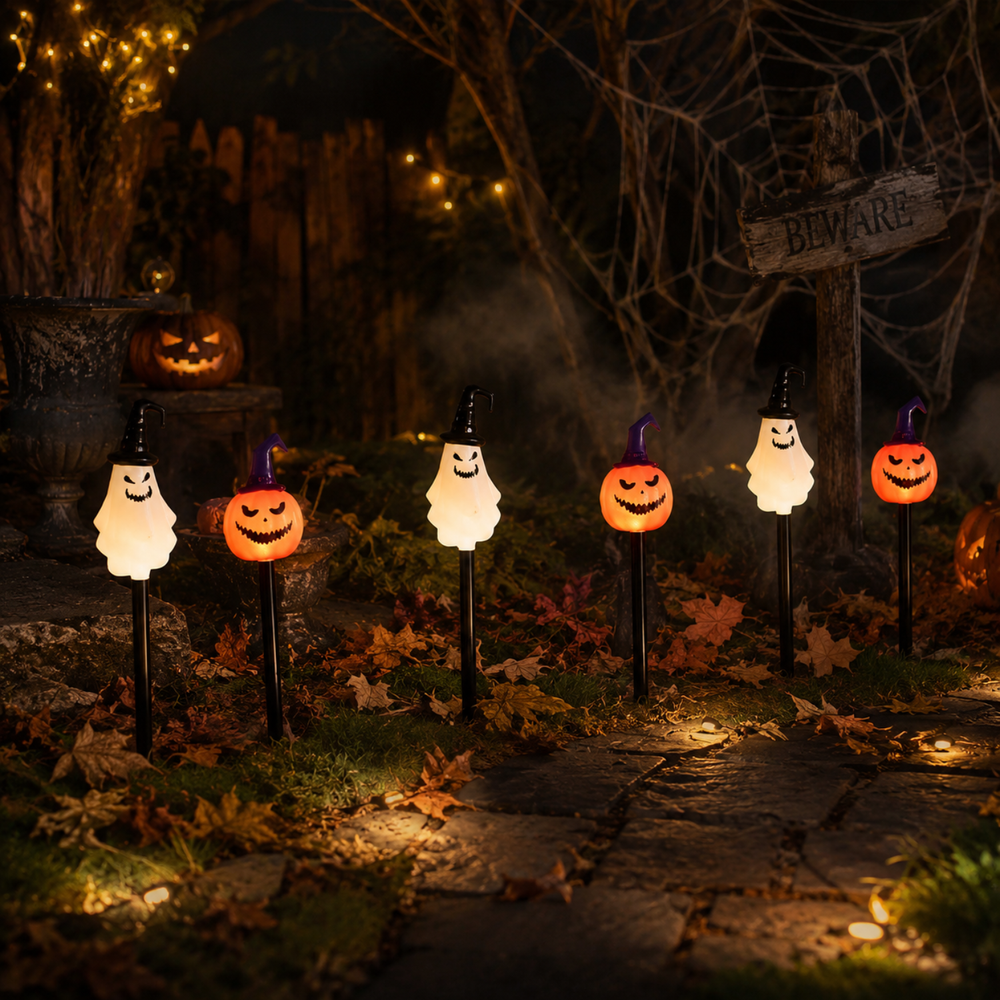 Halloween yard decorations featuring five glowing ghost garden lights and three small jack-o'-lantern stake lights arranged on a stone path in a spooky yard at night.