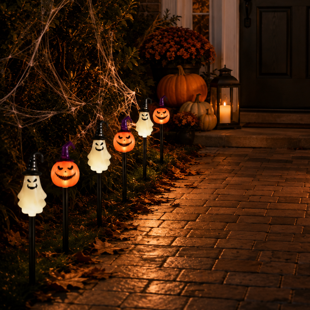 Halloween yard decorations featuring five glowing ghost garden lights and three small jack-o'-lantern stake lights arranged on a stone path in a spooky yard at night.
