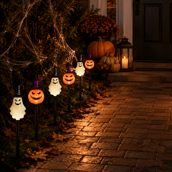 A set of Halloween solar path lights shaped like ghosts and pumpkins, glowing orange and white along a brick walkway in front of a house decorated with pumpkins and cobwebs.