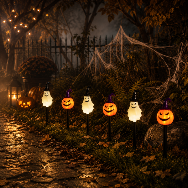 A Halloween yard scene with six decorative lights along a path: three glowing white ghost lights and three glowing orange jack-o'-lantern lights, all mounted on black stakes in a spooky garden with cobwebs, string lights, and a fence in the background.