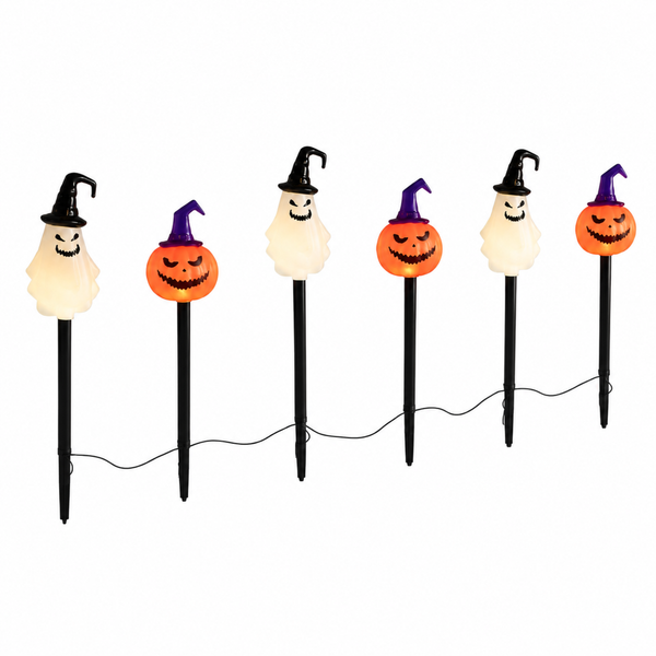 Six Halloween yard lights on black stakes, alternating between glowing white ghosts in black witch hats and orange jack-o'-lantern faces with purple hats, shown on a white background.