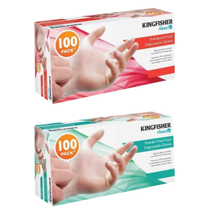 Two boxes of Kingfisher Home 100 Pack Powdered Vinyl Disposable Gloves shown on a white background, one in red and one in teal packaging.