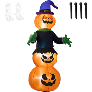 Inflatable Halloween decoration featuring a three-stacked pumpkin tower with carved jack-o'-lantern faces, a purple witch hat, green hands, and black clothing. The image includes white rope ties and four black stakes on a plain white background.