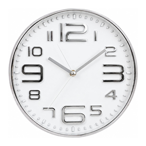 A round wall clock with a silver frame and white face, featuring large black Arabic numerals and silver hands on a white background