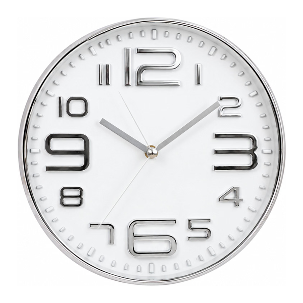 A round wall clock with a silver frame and white face, featuring large black Arabic numerals and silver hands on a white background