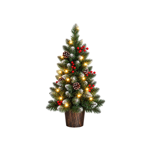 A small artificial Christmas tree with green needles, white snow-like dusting, warm white string lights, brown pinecones, and red berries, set in a dark brown faux-wood pot against a plain white background.