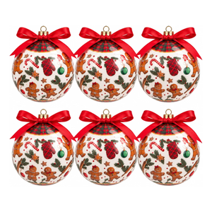 Six Christmas ornament balls arranged in two rows of three on a white background. Each ornament is round with a red ribbon bow at the top, a gold hanging loop, and a festive print featuring gingerbread men, candy canes, holly, pinecones, plaid motifs, and green ornaments on a white base.