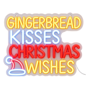 A novelty LED neon sign with the text 'GINGERBREAD KISSES CHRISTMAS WISHES' in yellow, white, and red glowing letters, featuring a small white and red Santa hat graphic in the lower left, on a white background.