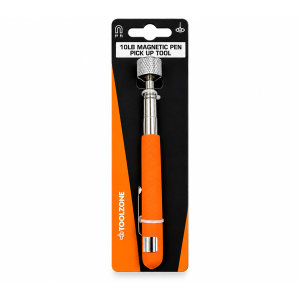 10lb telescopic magnetic pickup tool with orange handle in retail packaging