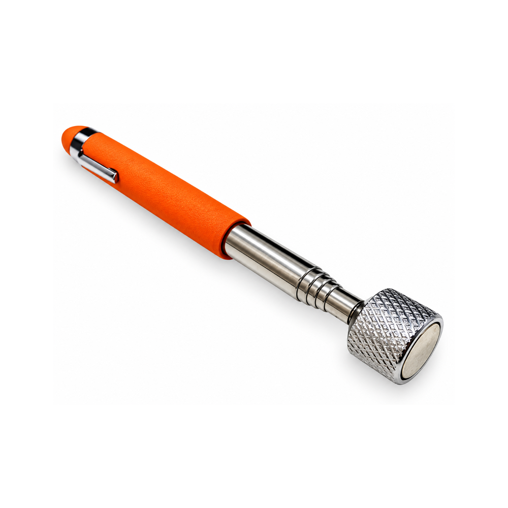 Telescopic magnetic pickup tool with orange handle and metal magnetic head