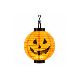 An illuminated orange paper lantern shaped like a jack-o'-lantern with a black hanging hook and black printed facial features, shown against a plain white background.