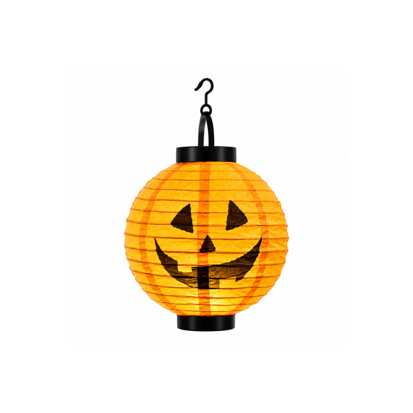 An illuminated orange paper lantern shaped like a jack-o'-lantern with a black hanging hook and black printed facial features, shown against a plain white background.