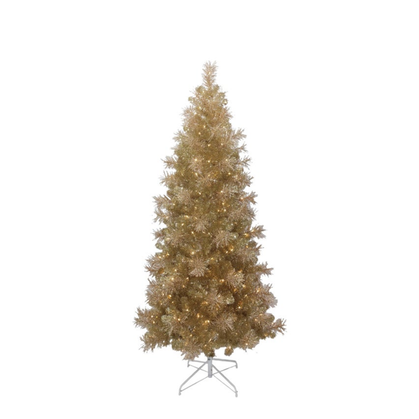 A gold glitter artificial Christmas tree with warm white string lights, standing on a silver metal stand against a solid white background.