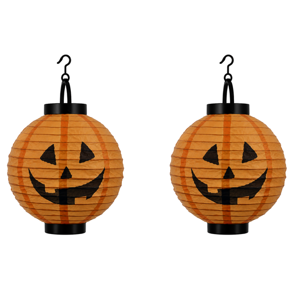 Two orange jack-o'-lantern paper lanterns with black hanging hooks, shown side by side on a plain white background.