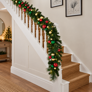 A festive Christmas stair garland with red, green, and gold ornaments and warm white lights draped over a white staircase with carpeted steps in a home interior.
