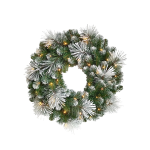 A circular artificial Christmas wreath with frosted white pine branches and warm white string lights, shown against a plain white background.